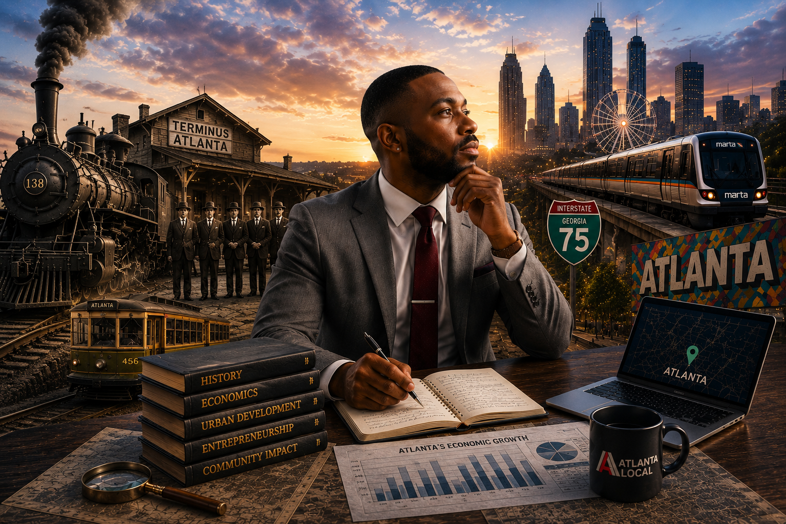 A researcher studying Atlanta's economic history surrounded by imagery of historic railroads, MARTA, highways, and the modern Atlanta skyline.