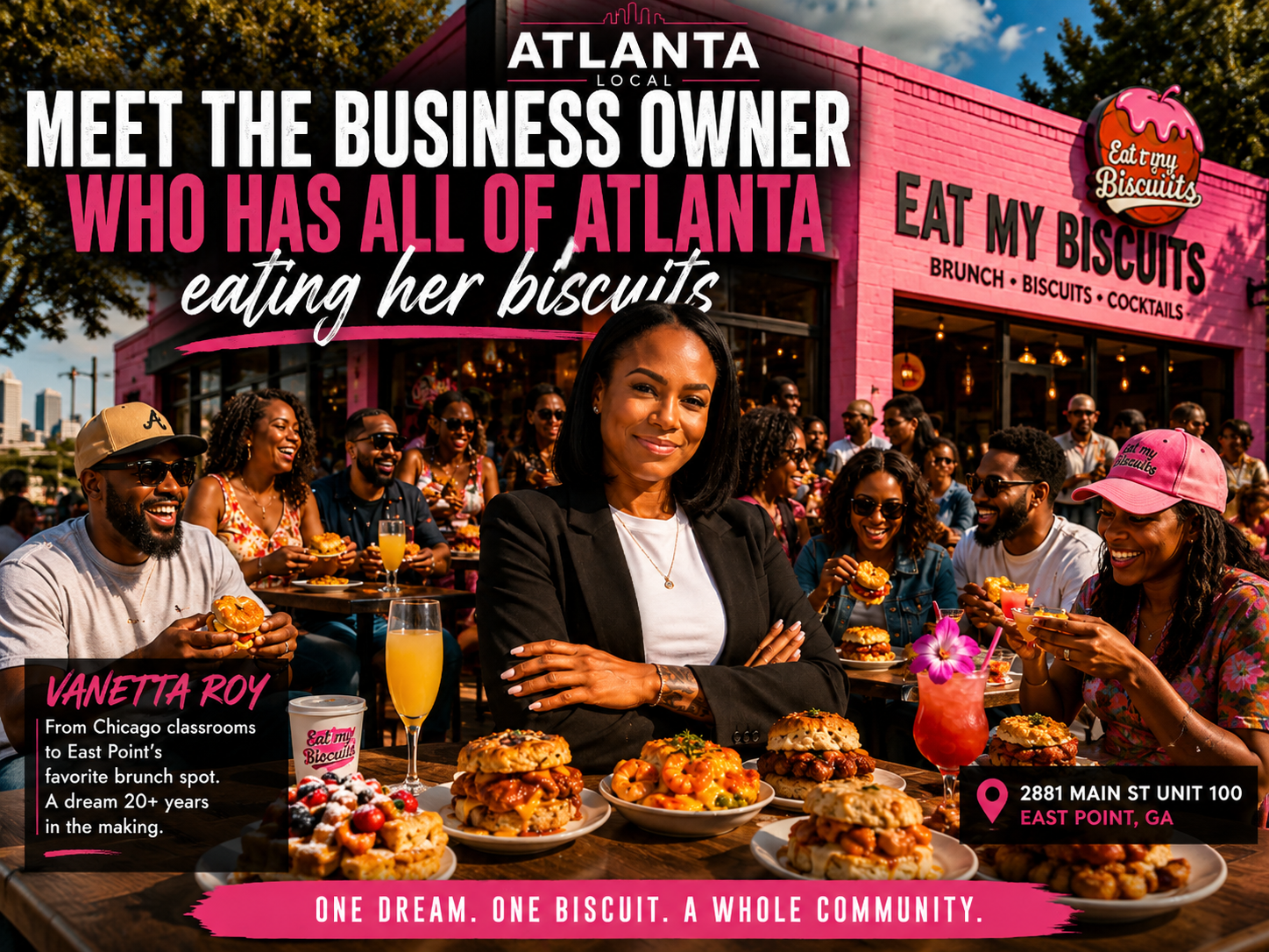 Eat My Biscuits owner Vanetta Roy standing outside her East Point restaurant surrounded by customers and signature brunch dishes.