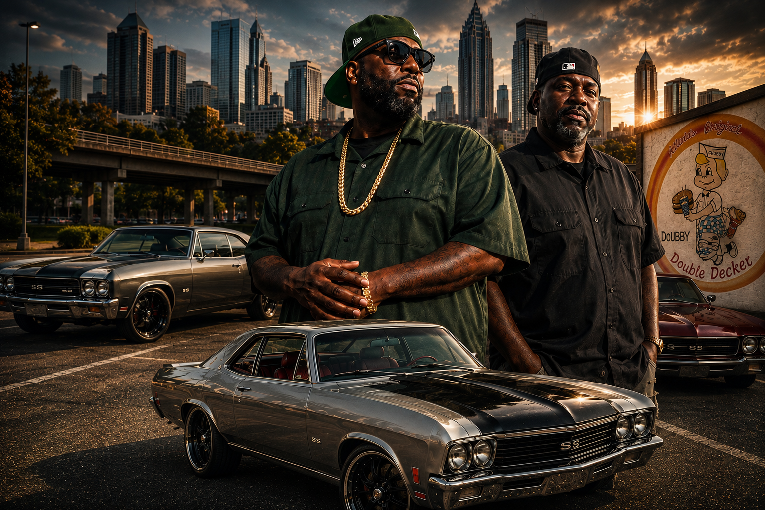 Killer Mike and Country Boi Mike standing alongside classic muscle cars in Atlanta for Rollin' with Killer Mike.